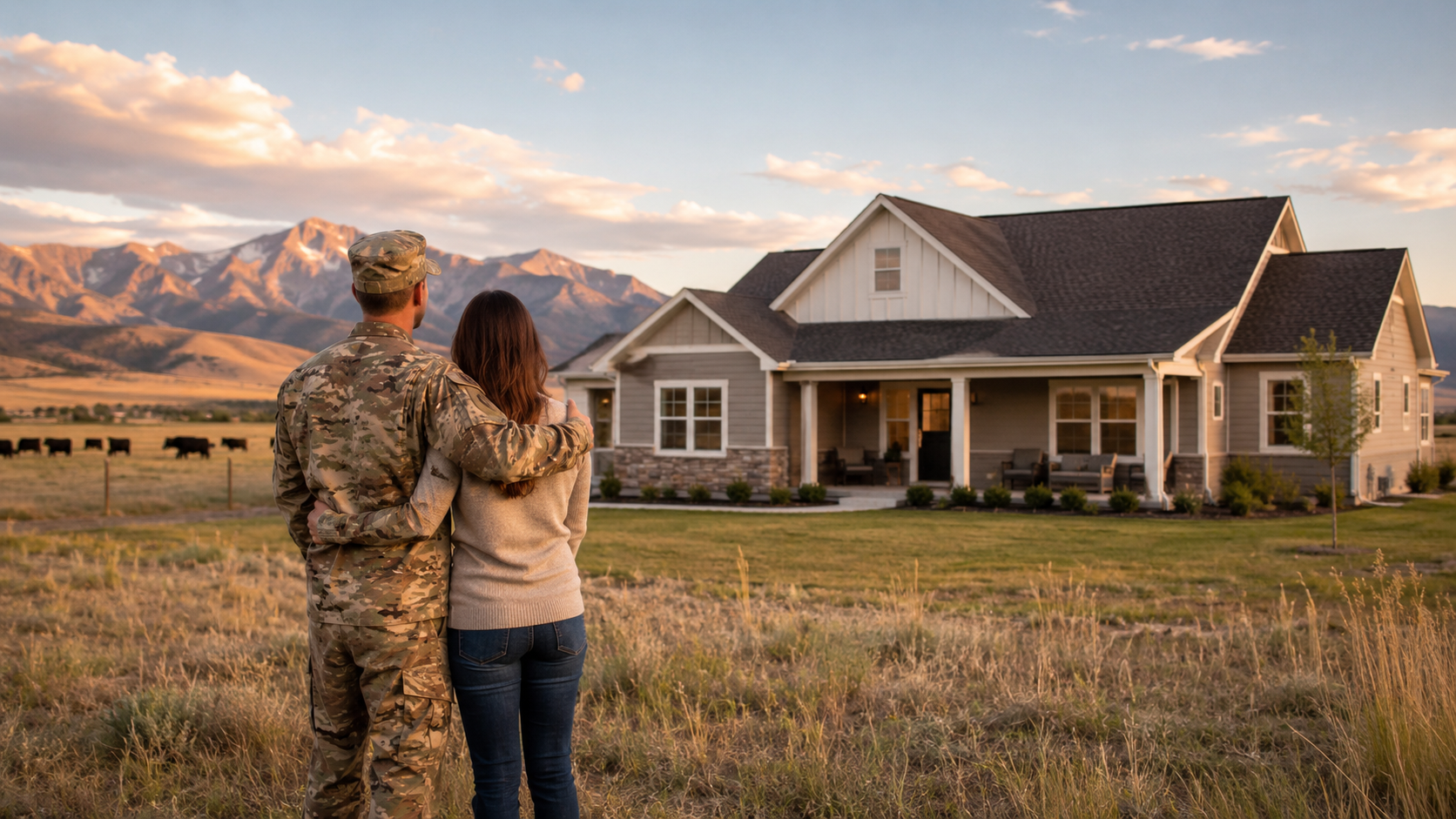 A service member and his partner standing in front of a home in a rural Utah landscape at sunset