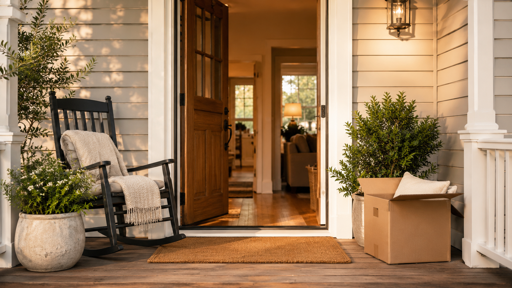 Front porch of a home with an open door and warm light inside