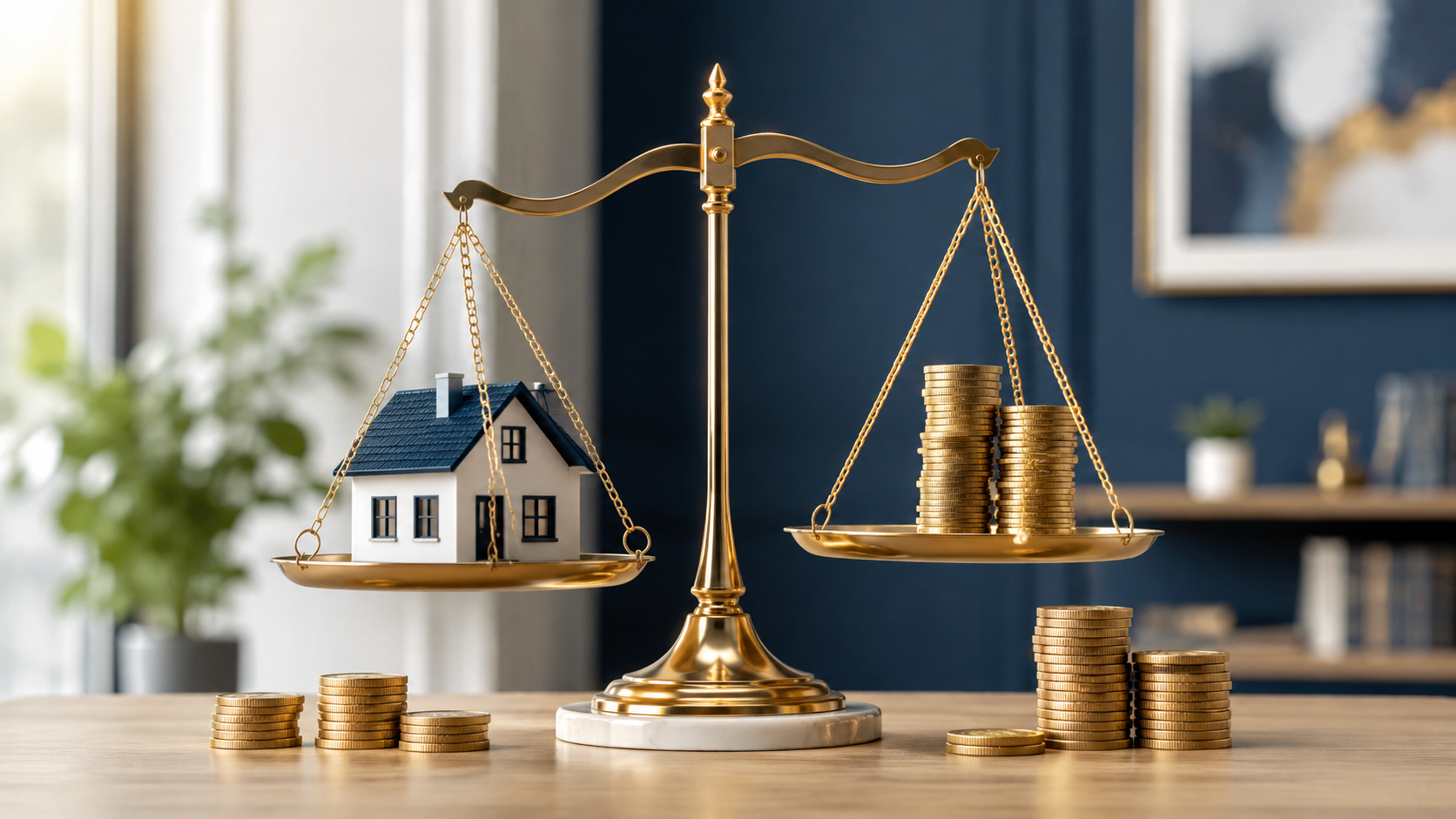 A brass balance scale weighing a small house against stacks of gold coins