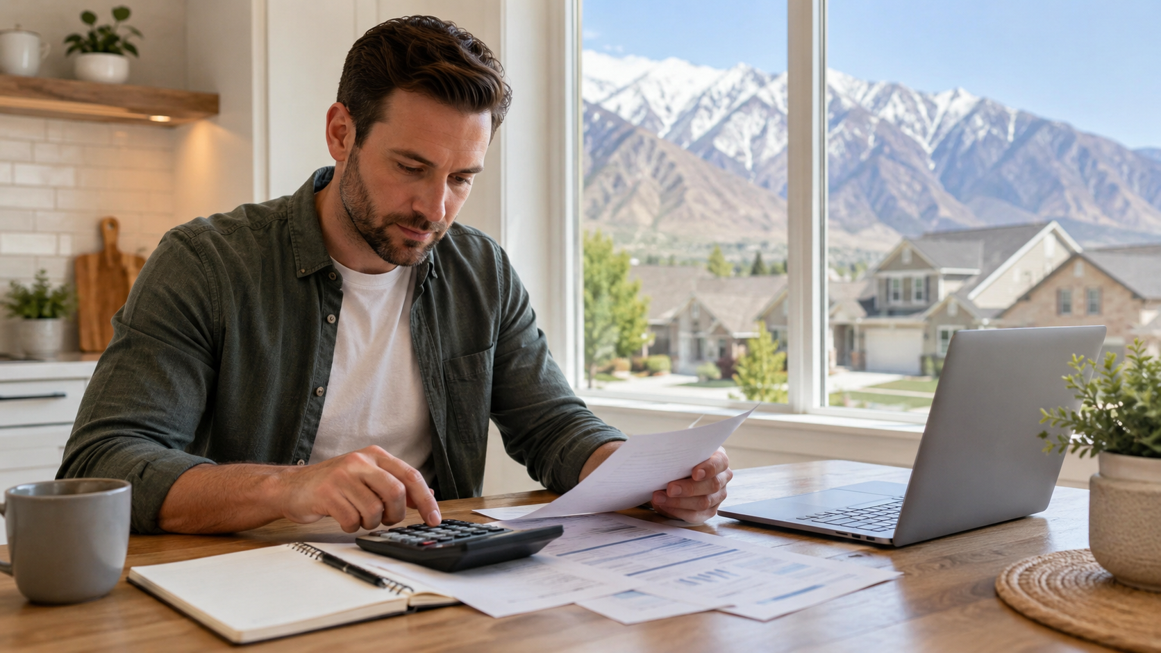 A man at a kitchen table working through home buying numbers with a calculator, paperwork, and laptop