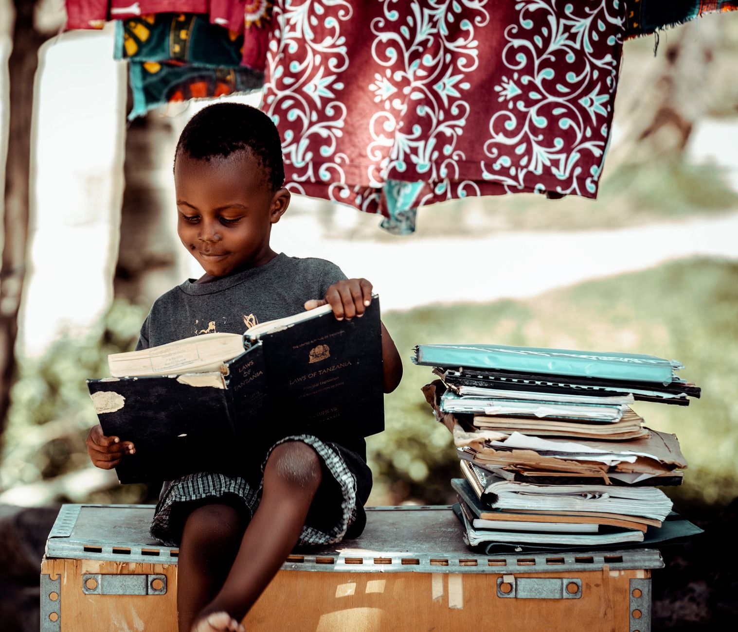 A child curiously looking through books in a small outdoor box
