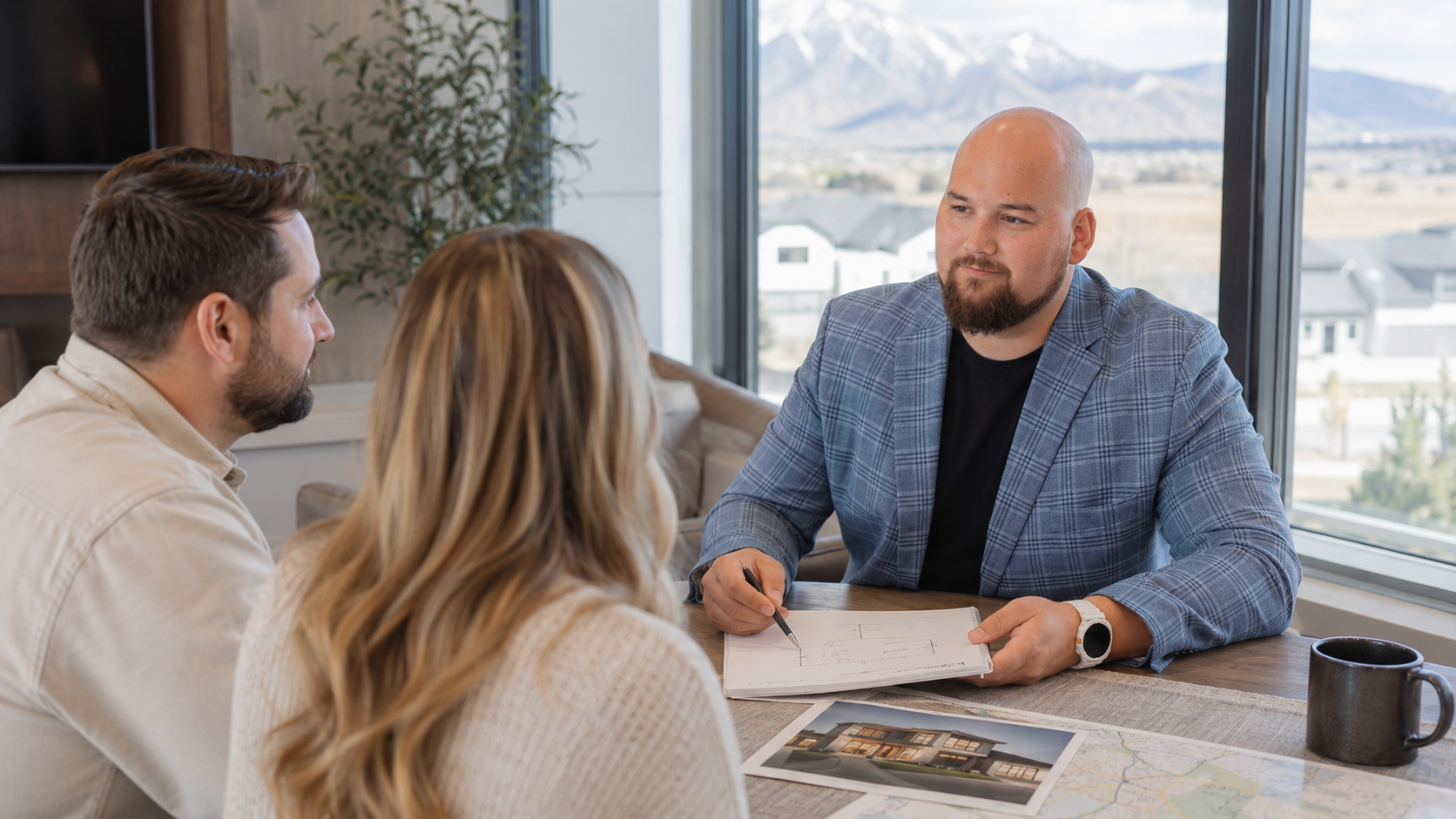 Dana Hoyt walking a buyer couple through floor plans and offer strategy at a table with a Wasatch Mountain view