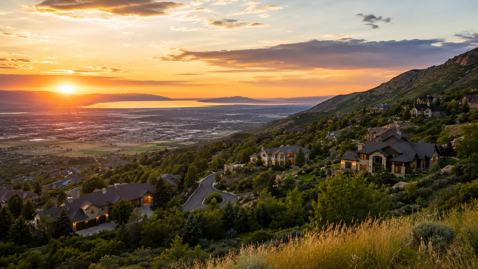 Panoramic valley view from an elevated hillside at golden hour, similar to the views from Woodland Hills, Utah