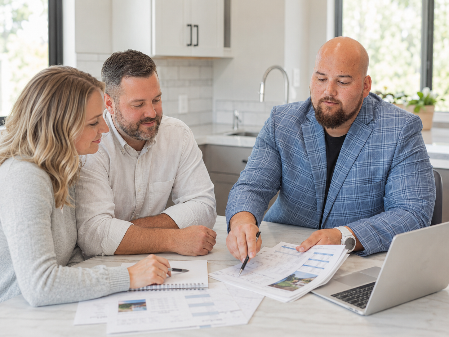 Dana Hoyt reviewing pricing and offer paperwork with homeowners at a kitchen table
