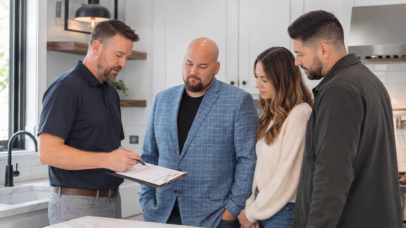Dana Hoyt reviewing a home inspection report at the kitchen counter with buyers