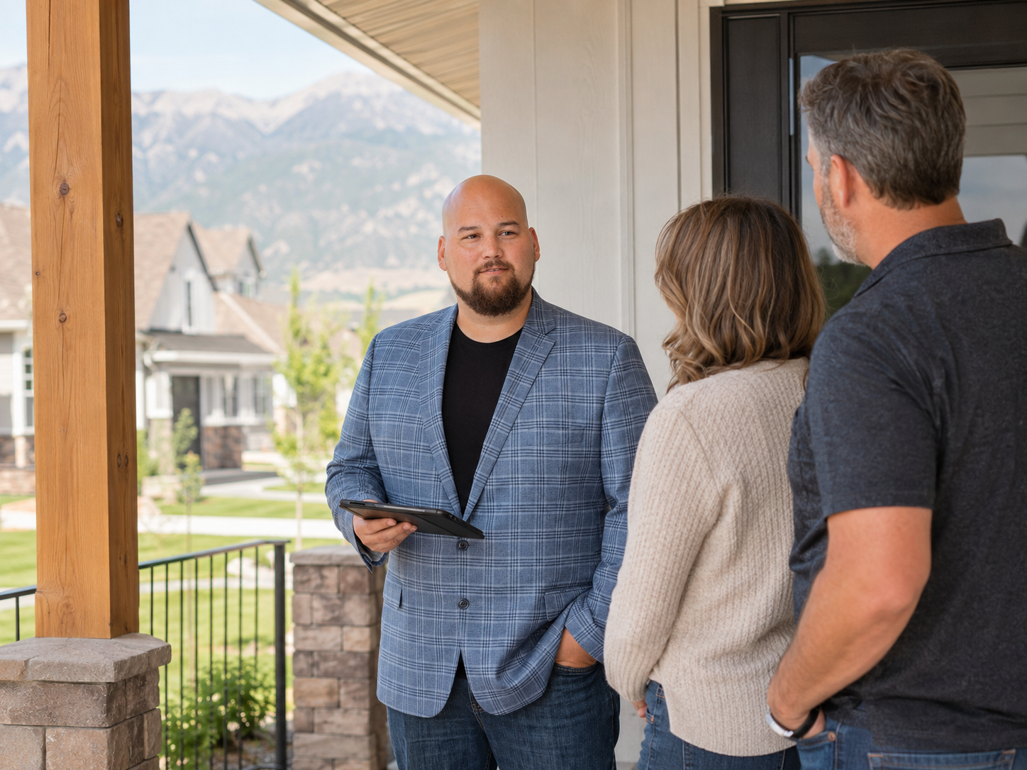 Dana Hoyt talking with homeowners on a porch about selling strategy