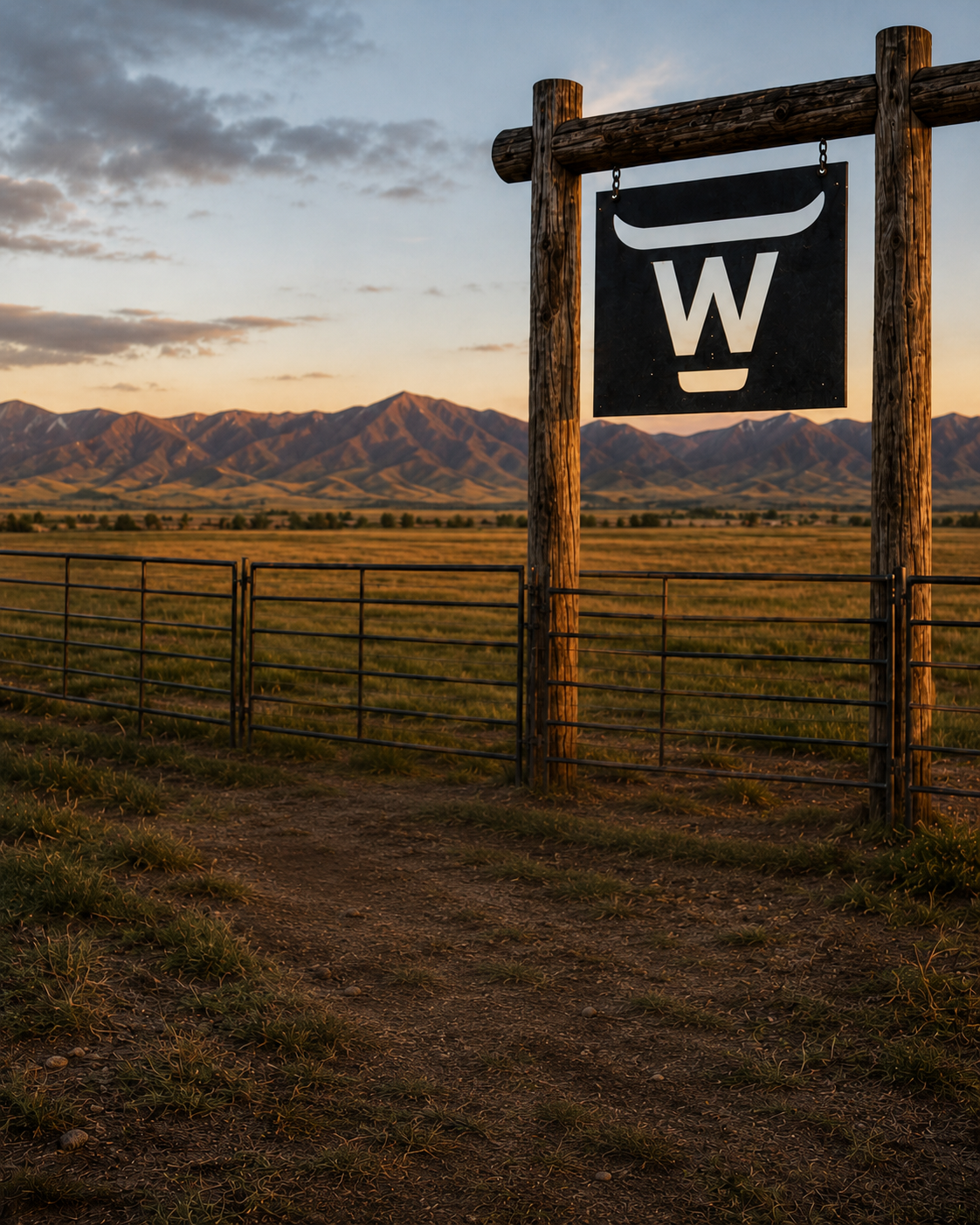 Cattle grazing on open Western ranch land with mountains in the background