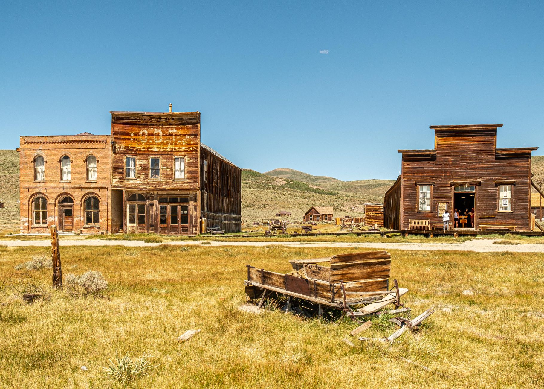 Historic mining-town main street with weathered storefronts