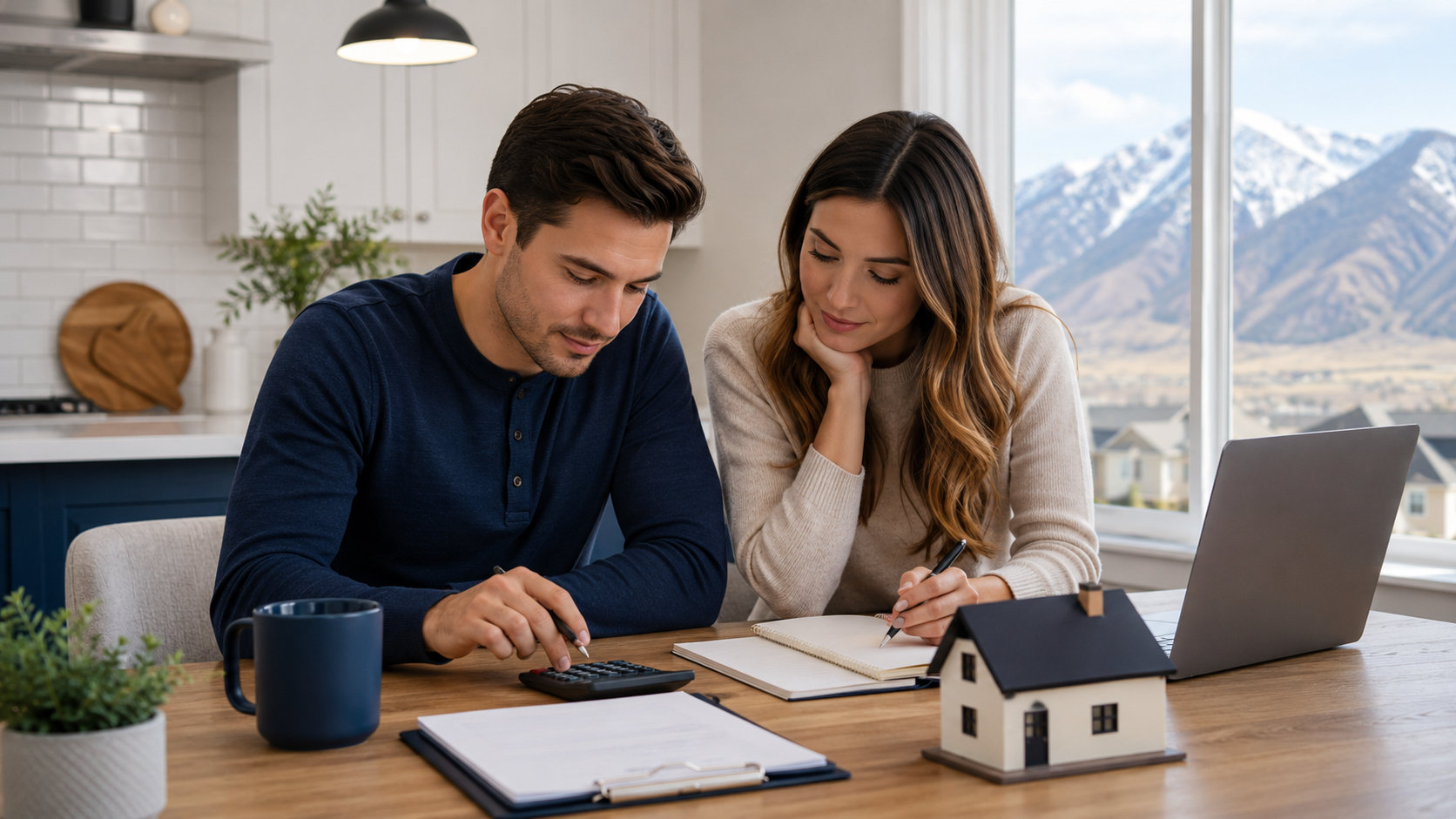 A young couple at a kitchen table with a laptop, calculator, and small house model — reviewing first-time buyer numbers