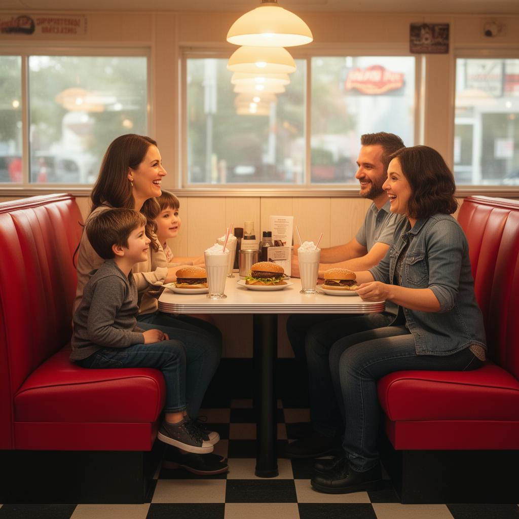 A family enjoying a meal together in a cozy diner booth