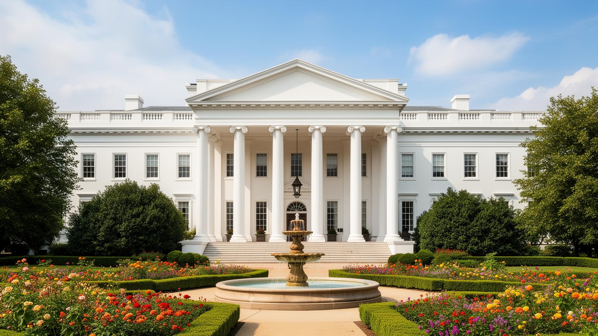 Stately white-columned civic building with manicured gardens and fountain — generic stock photography