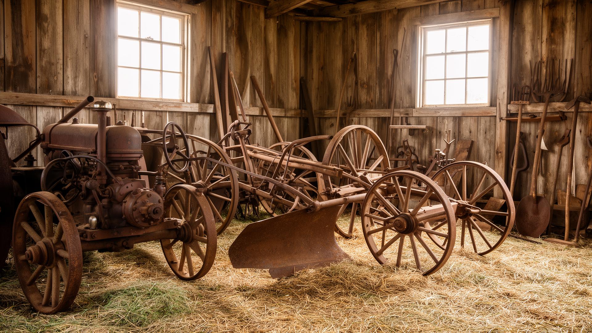 Vintage farm equipment and antique tools in a rustic barn setting — generic stock photography