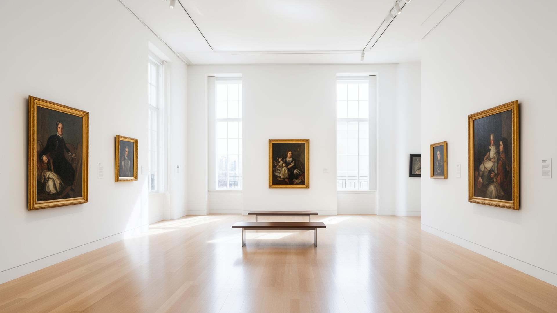 Bright white-walled art gallery interior with framed paintings and natural light — generic stock photography