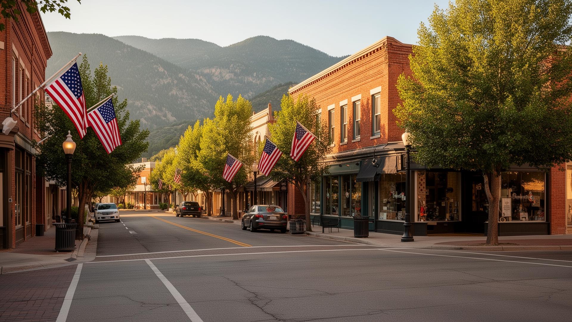 Charming small-town Main Street with brick storefronts and distant mountain foothills — generic stock photography