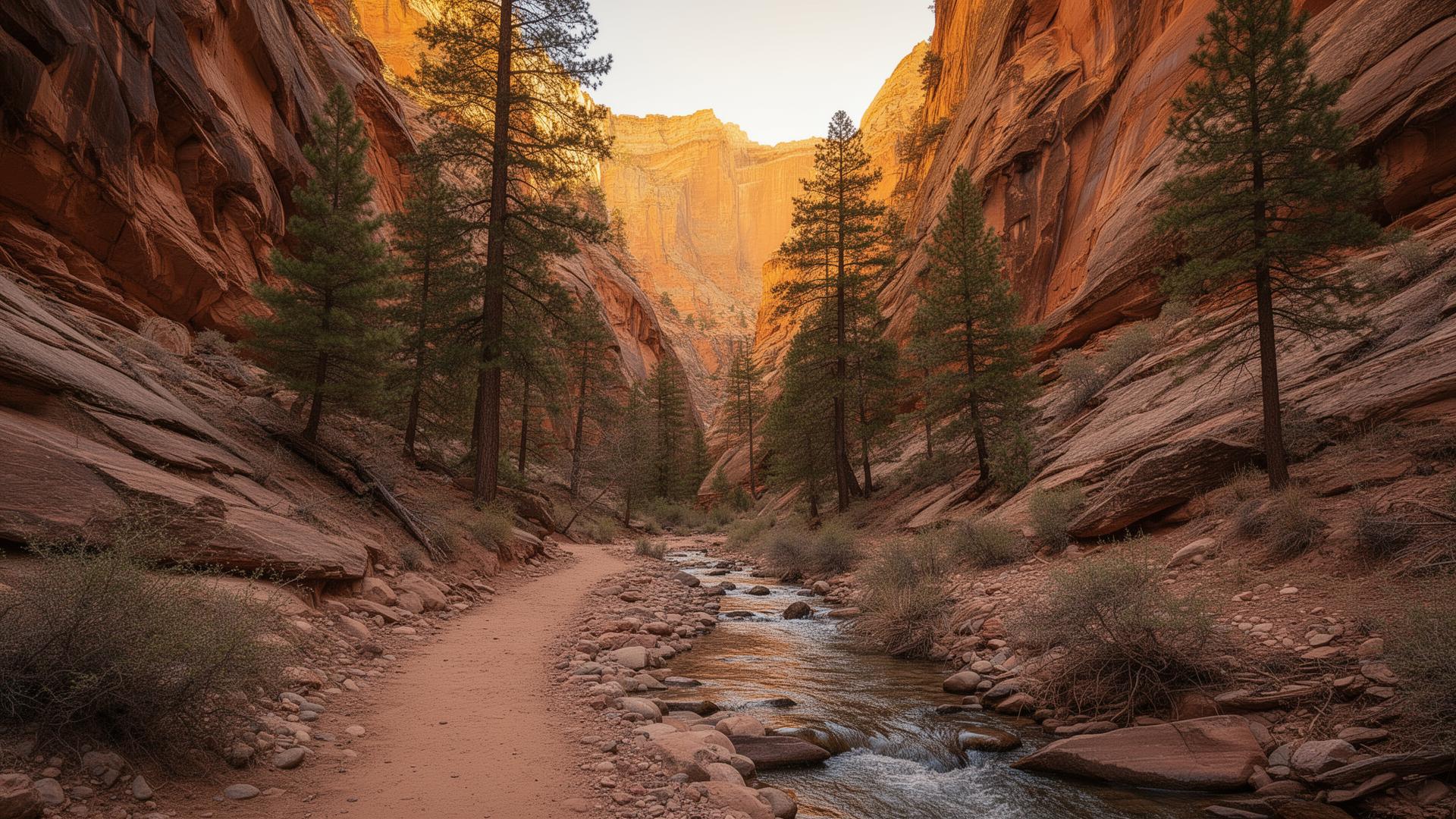 Utah canyon trail with a stream running through red rock walls and pine trees