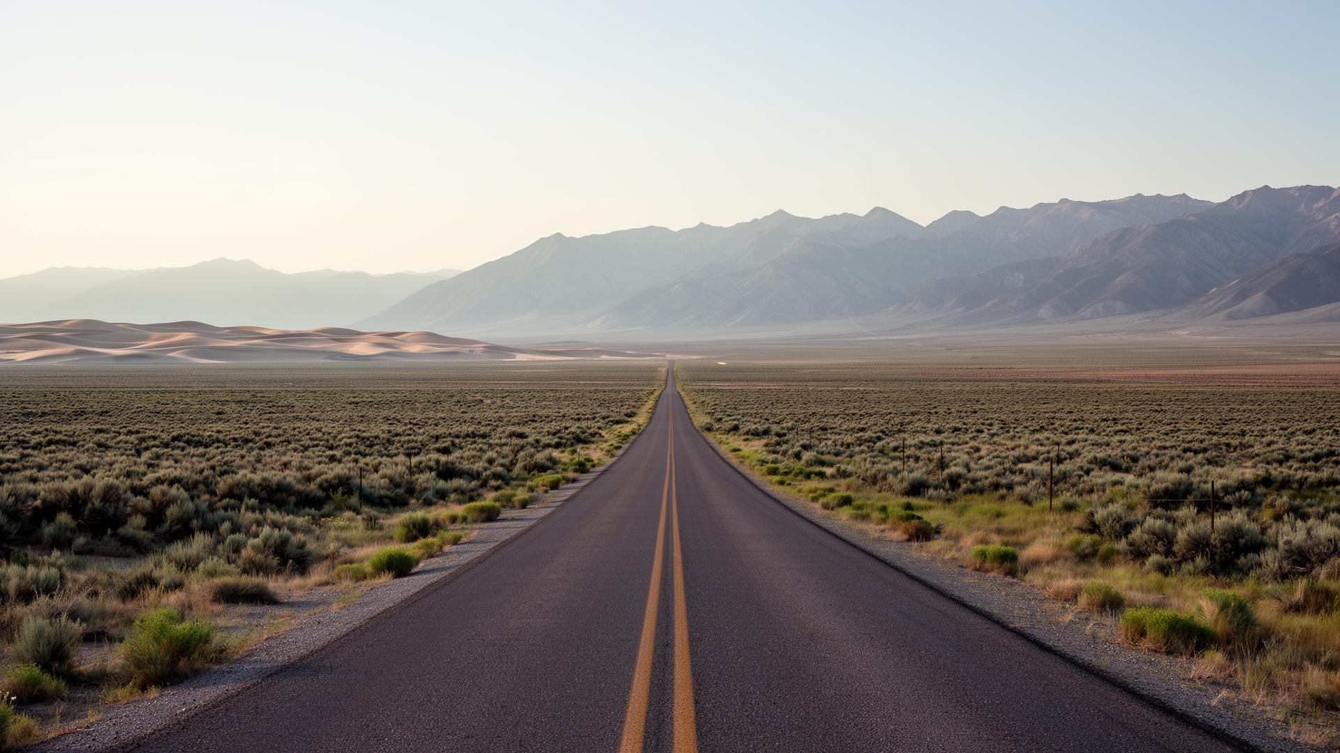 Open Juab County road heading toward distant mountains and dunes