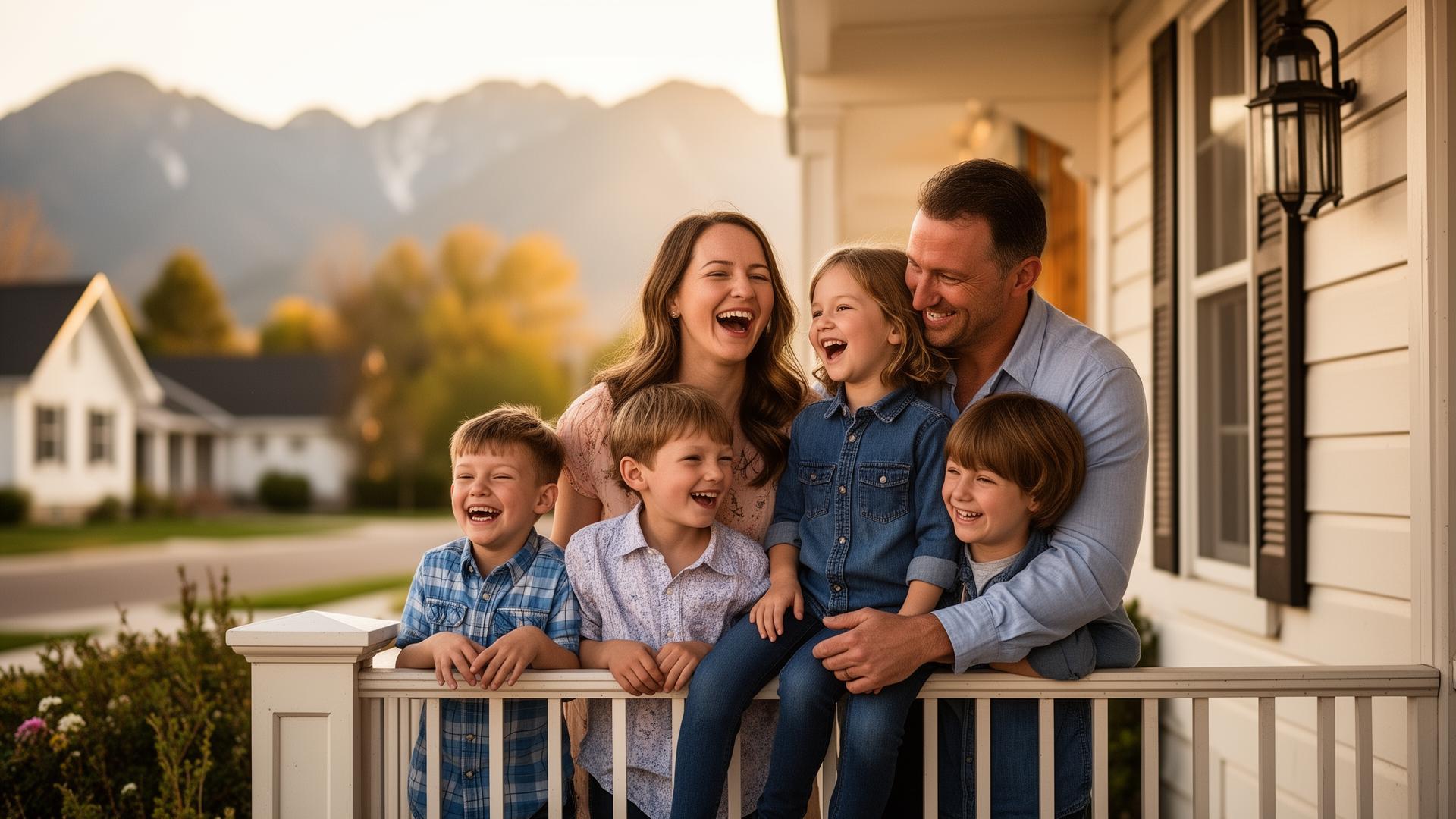 Family on a porch in a rural Mona, Utah neighborhood