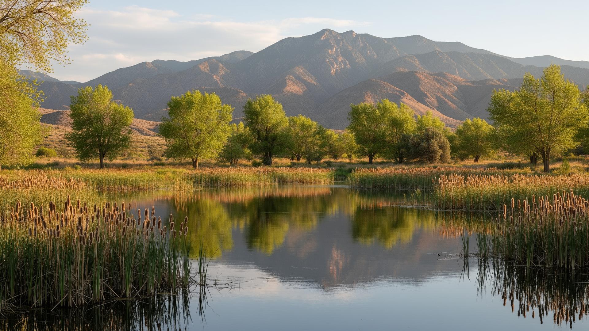 Burraston Ponds near Mona, Utah with reflective water and Mt. Nebo in the distance