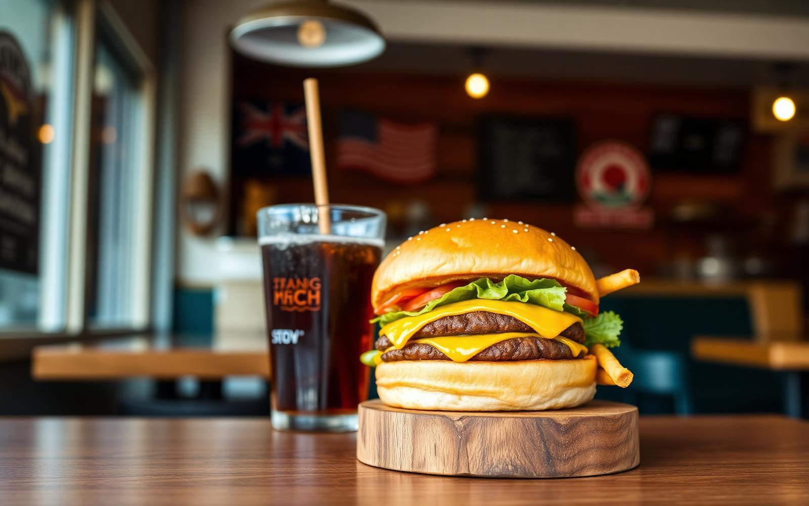 Casual American cheeseburger and fries at a small-town grill