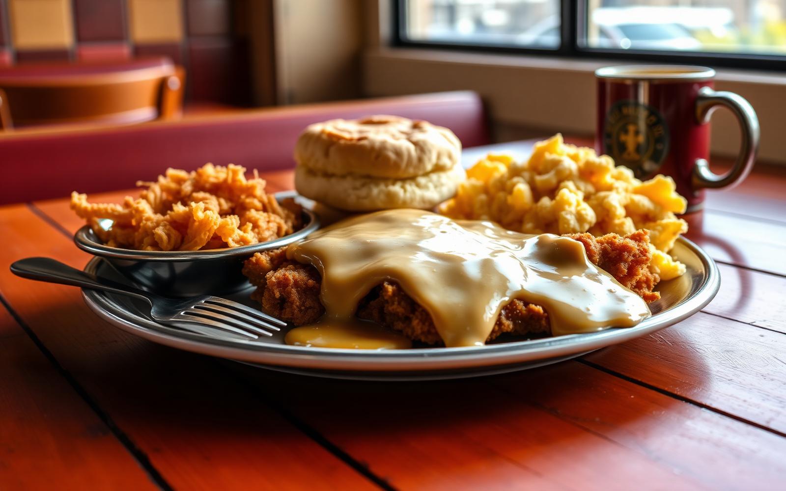 Homestyle American breakfast plate with chicken fried steak, biscuits, and scrambled eggs