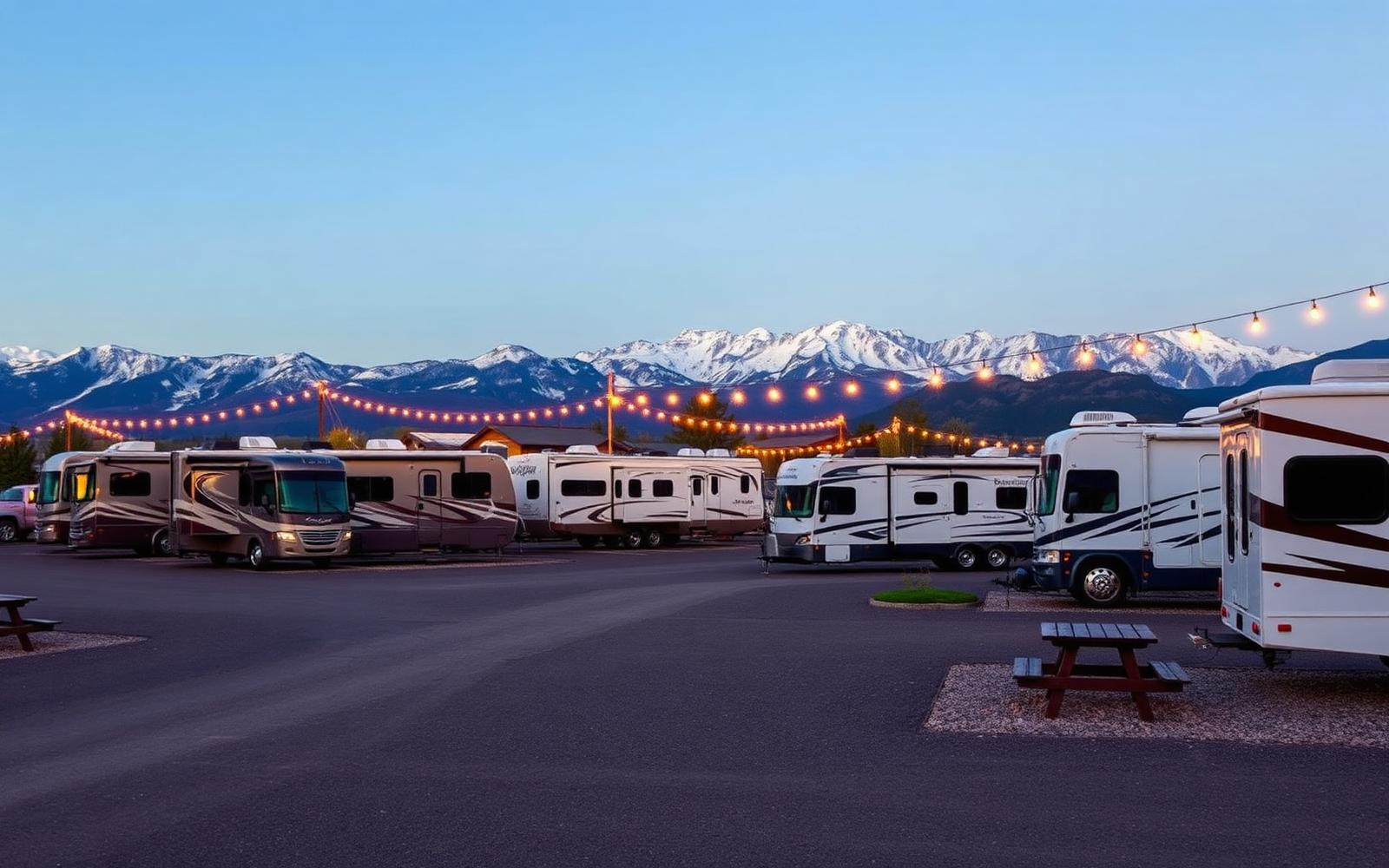 RVs parked at Rollin' Home RV Park in Nephi, Utah with Wasatch mountains in background