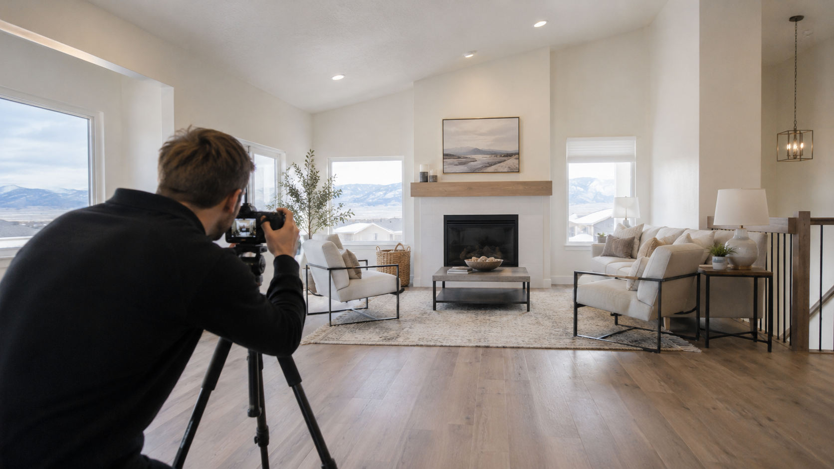A real estate photographer capturing a clean, well-staged Central Utah living room