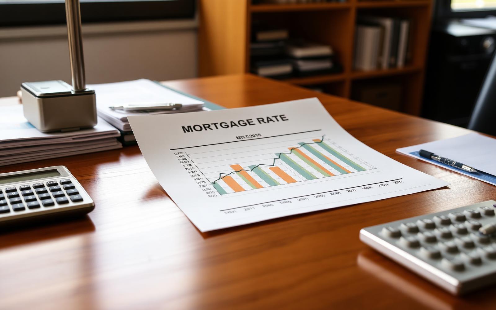 Mortgage rate chart and financial documents on a wood desk with a calculator — illustrating rate buydown math