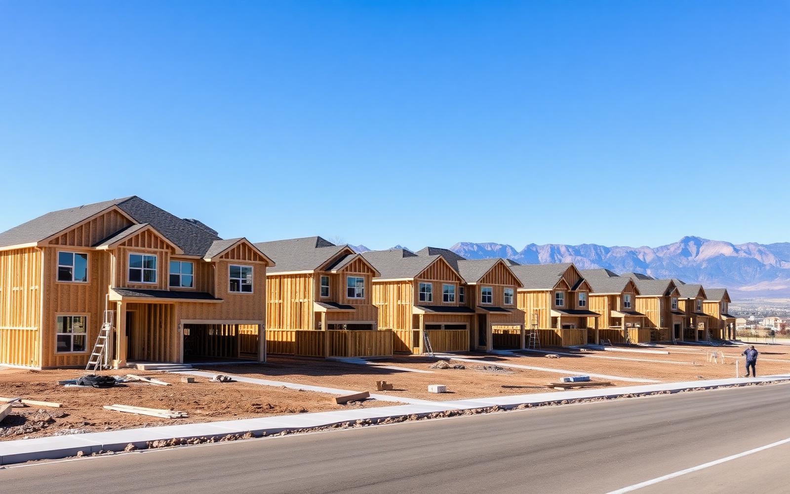New Utah subdivision under construction with rows of framed homes and the Wasatch Mountains in the distance