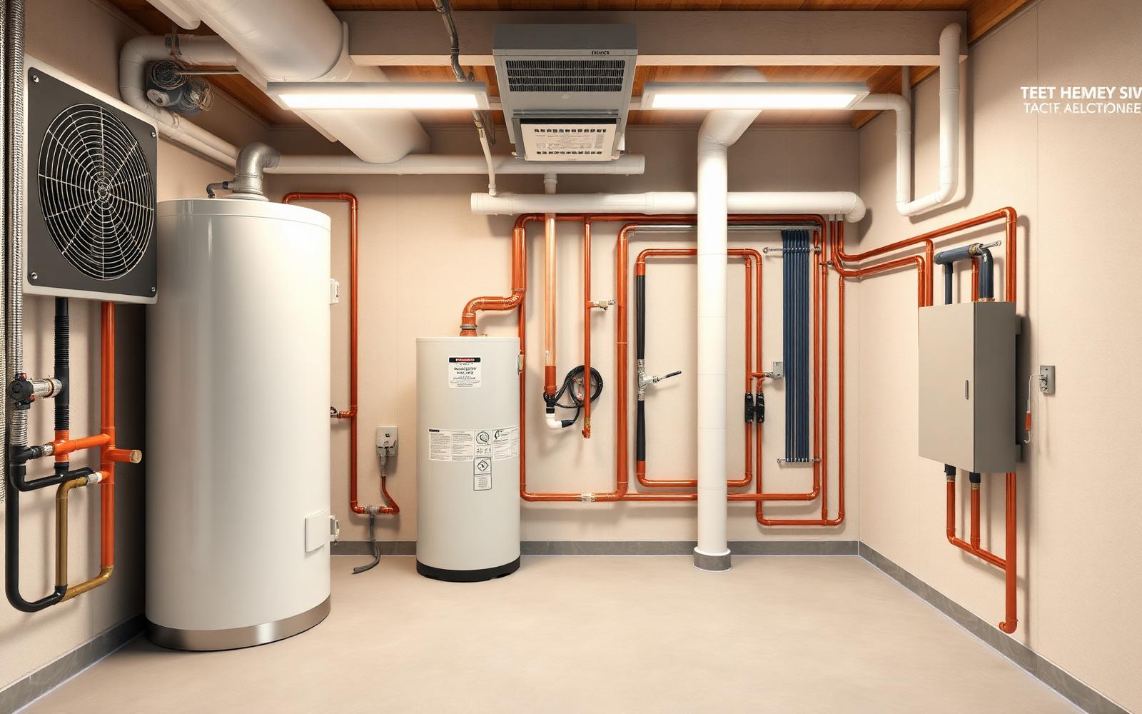 Clean organized new construction utility room with fresh HVAC, water heater, copper plumbing, and electrical panel