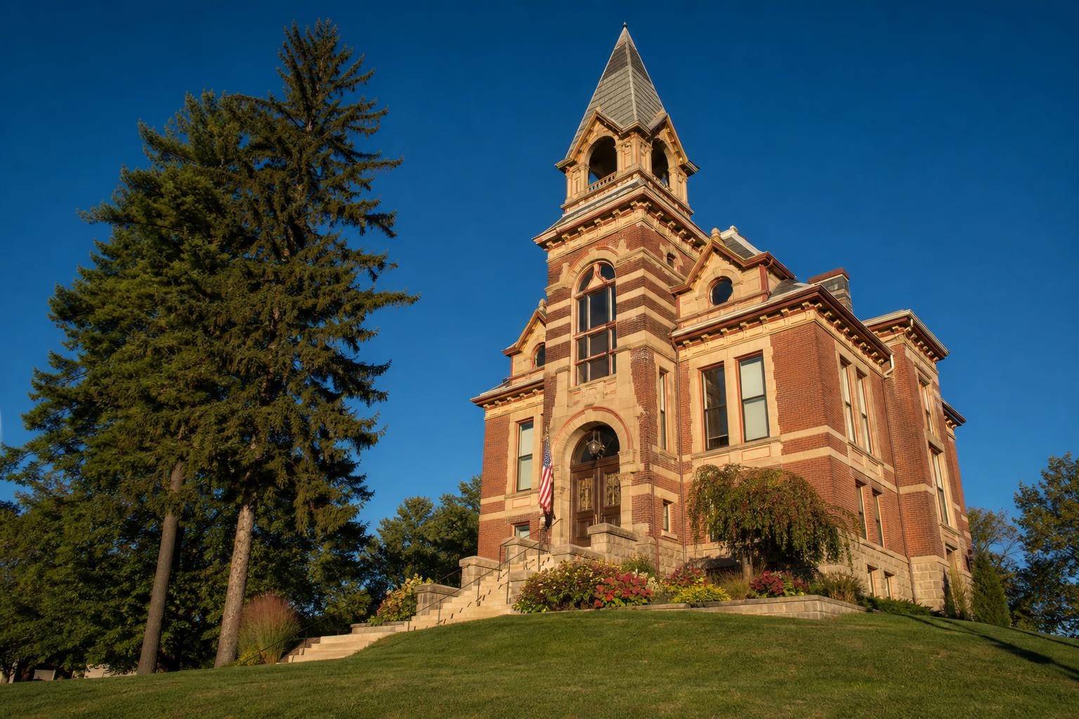 Historic Victorian brick schoolhouse with belfry tower on a landscaped hillside — realistic architectural photography