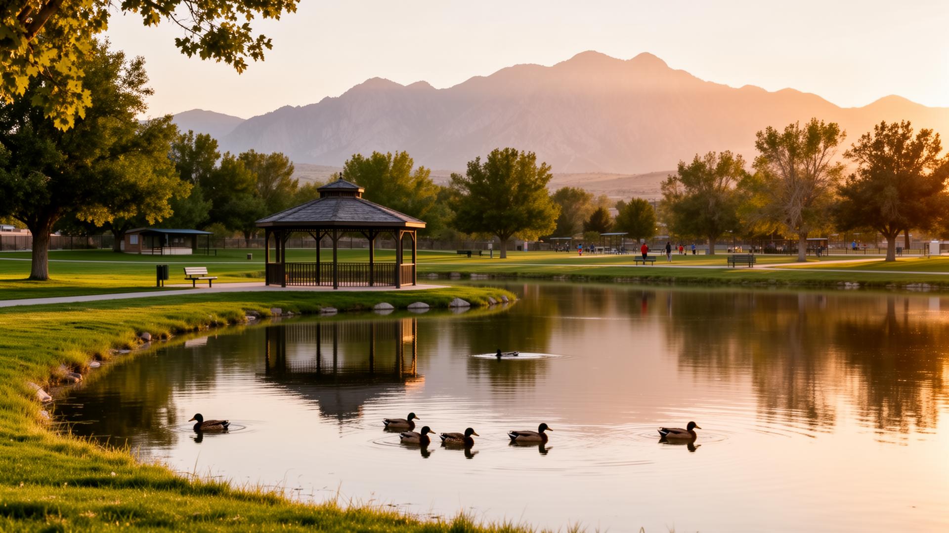 Salem Pond with gazebo, ducks, and mountain backdrop in Salem, Utah