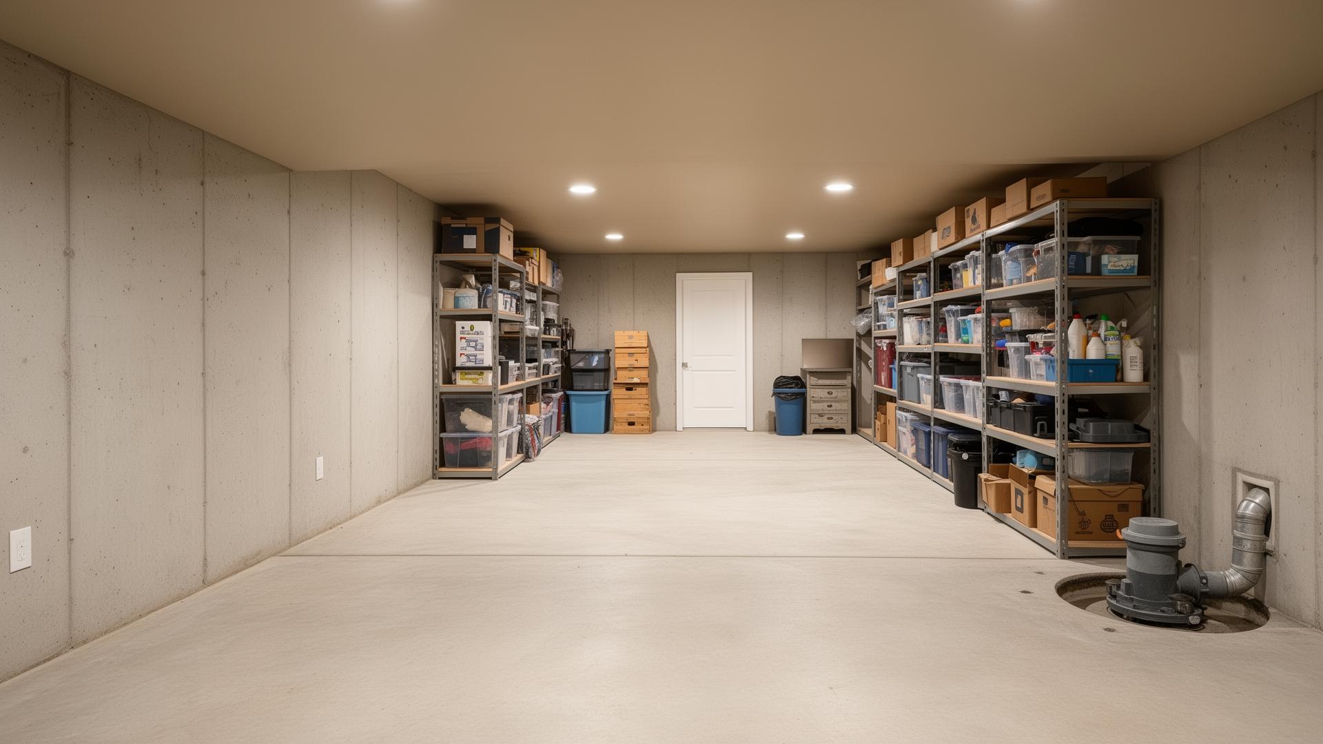 Clean dry basement in a Utah home with organized storage and a visible sump pump — the kind of basement that gives buyers confidence