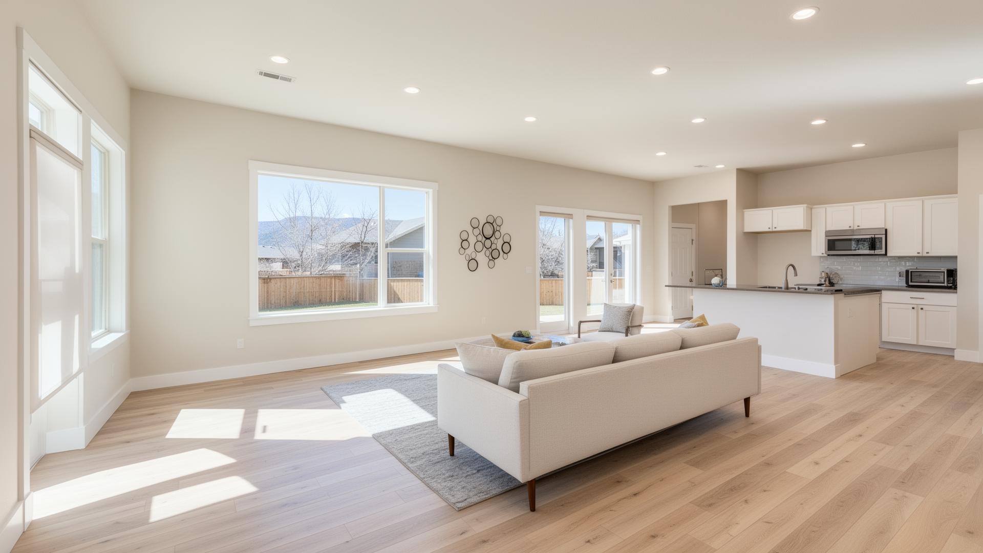 Professional real estate listing photo of a clean bright Utah home interior with natural light, neutral decor, and uncluttered open living space
