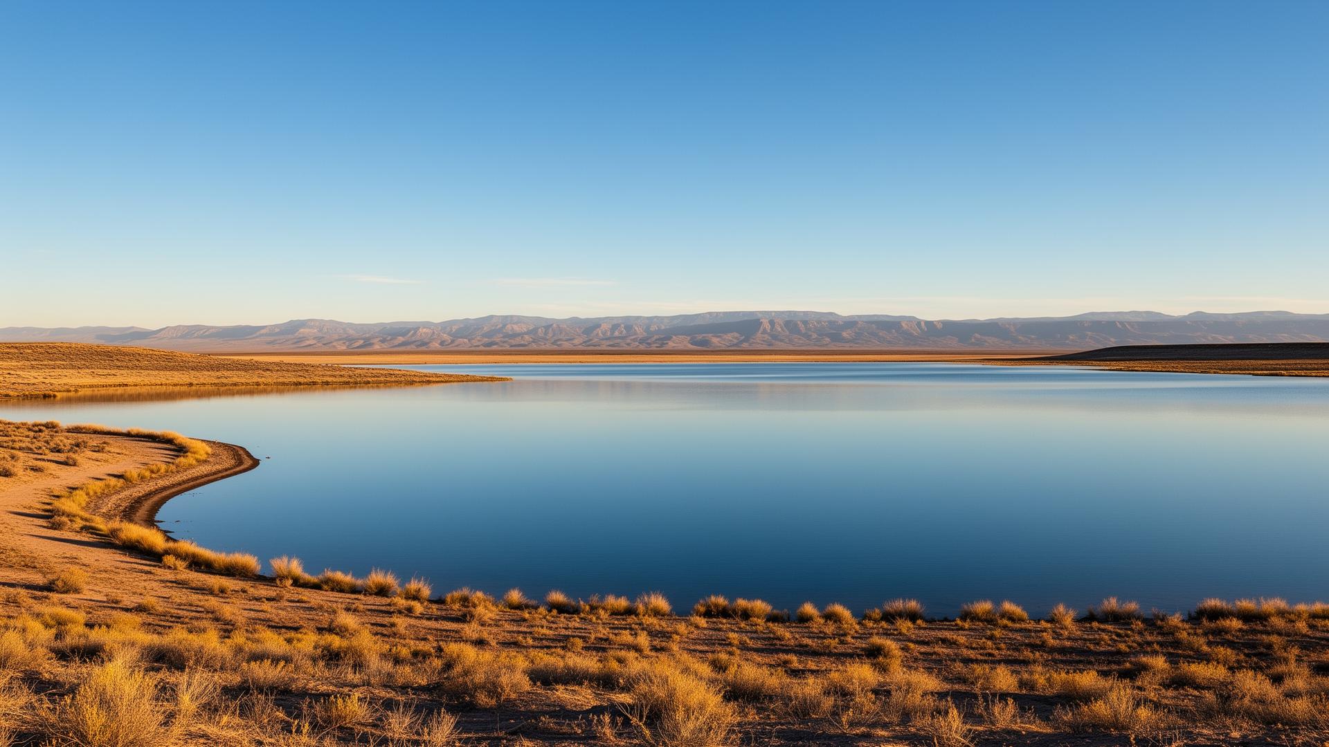 Wide open Utah desert reservoir at golden hour with calm blue water and distant mountains