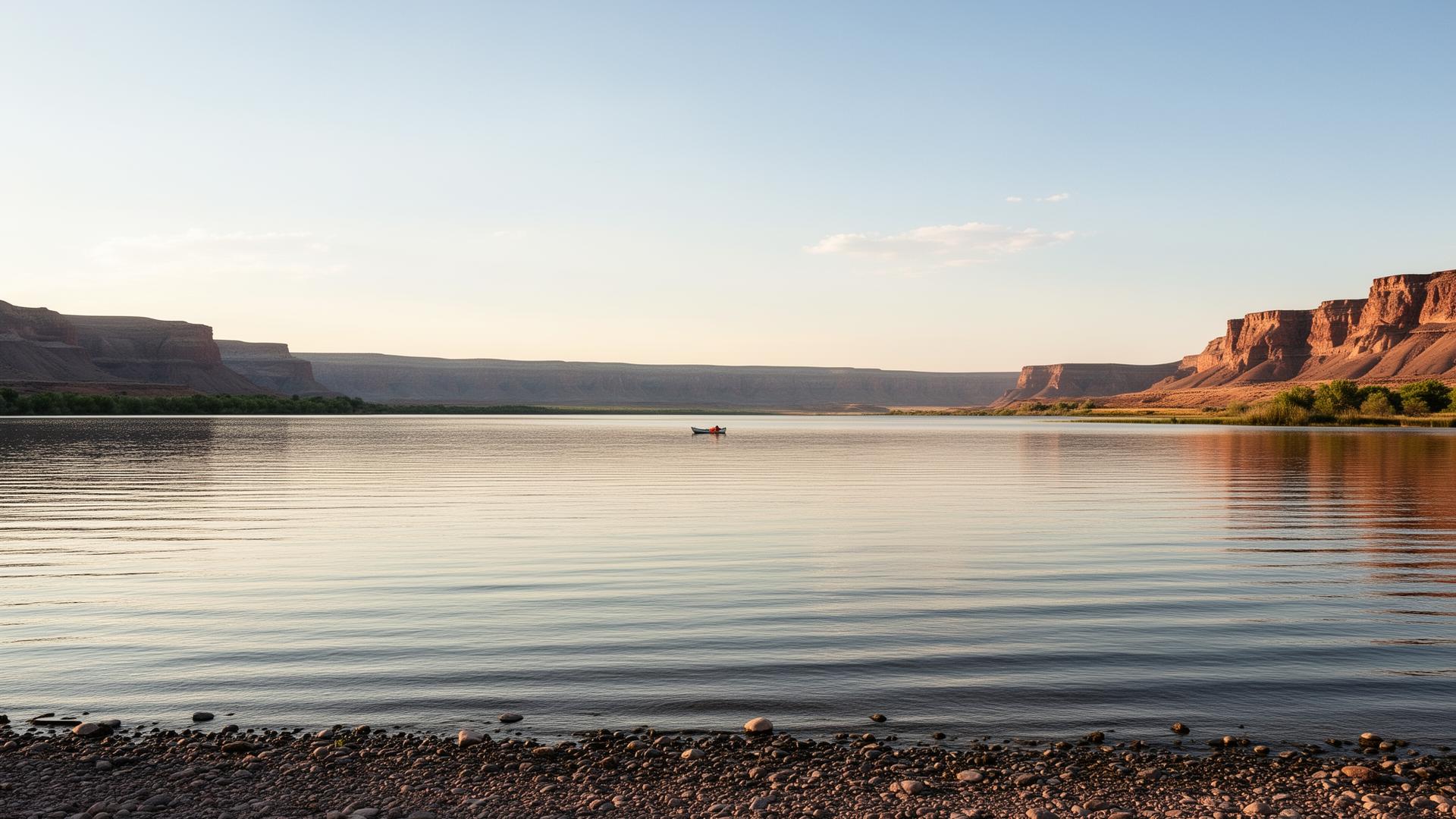 Calm Utah lake shoreline with a small boat in the distance under soft afternoon light