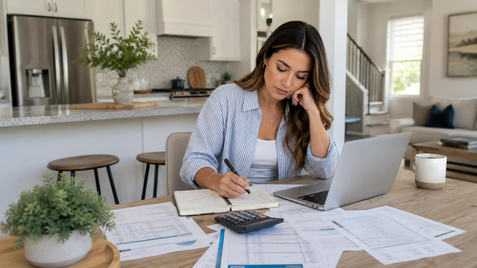 Buyer reviewing bills, notes, and a calculator at a kitchen table