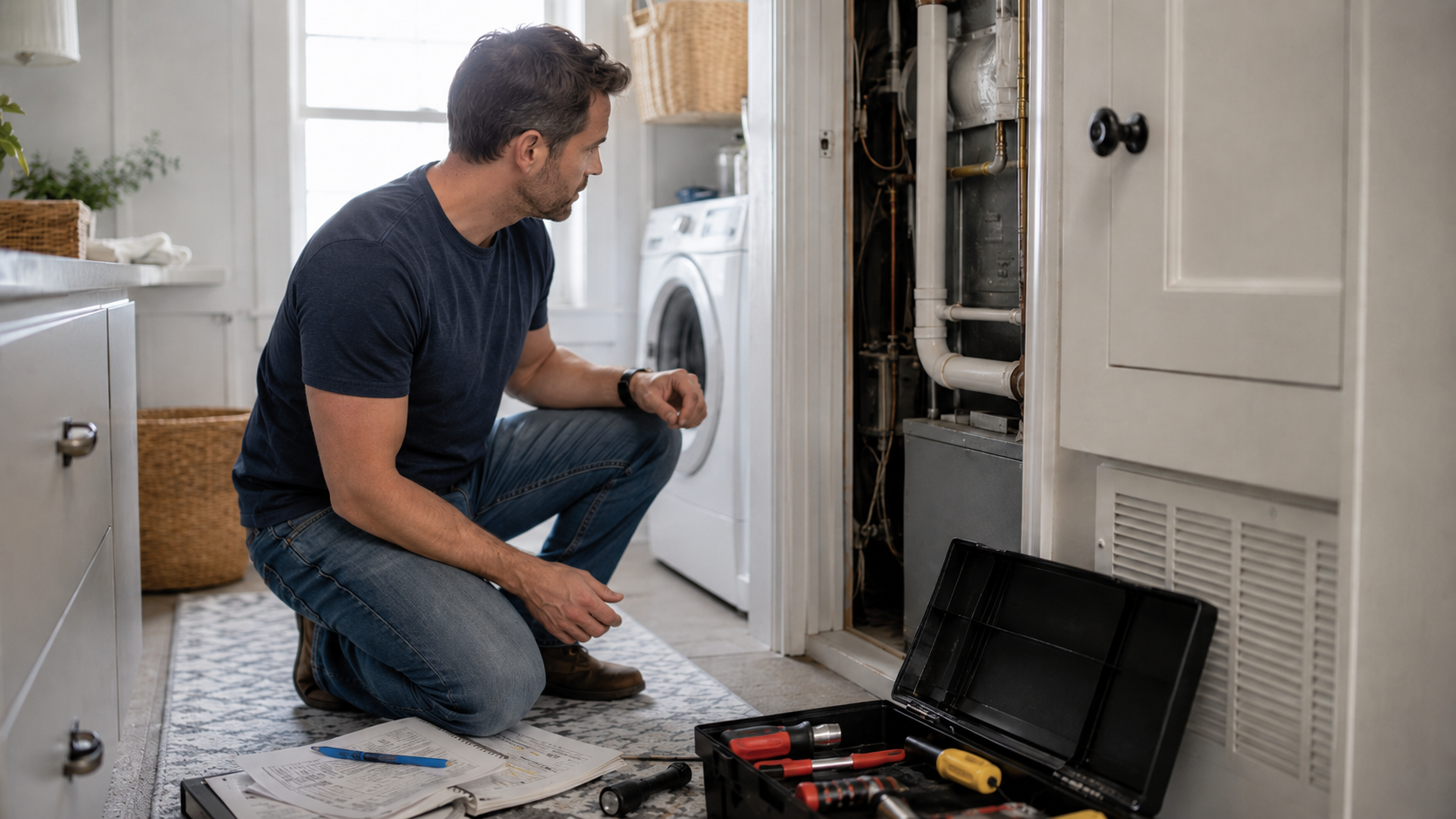 Homeowner checking a furnace and maintenance area in a utility room