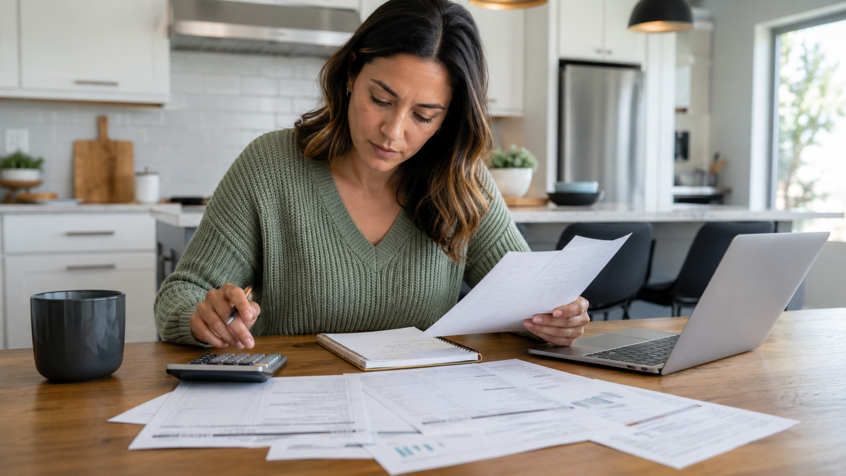 Home buyer reviewing paperwork and monthly costs at a table