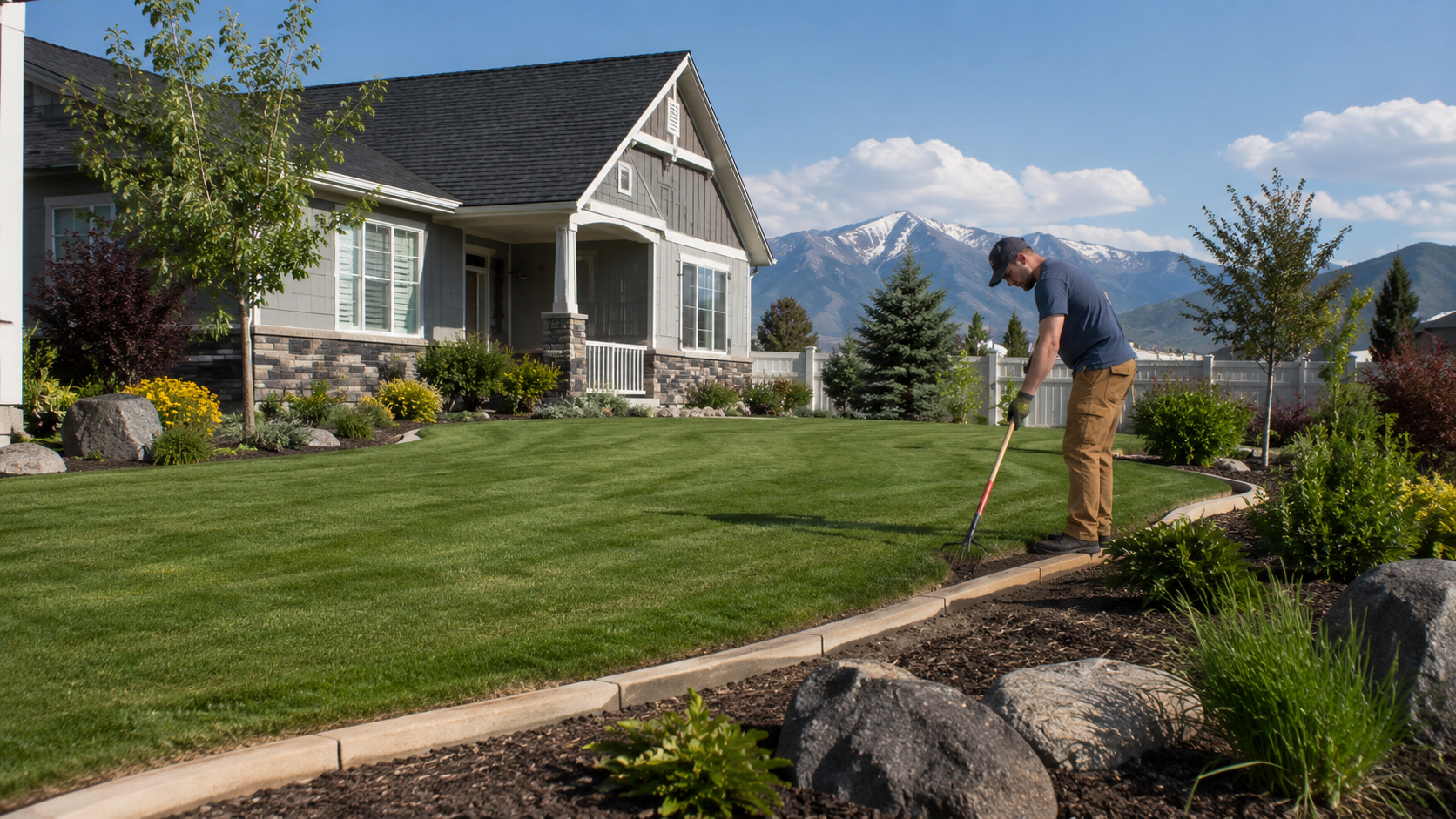 Outdoor yard care and lawn maintenance at a well-kept home
